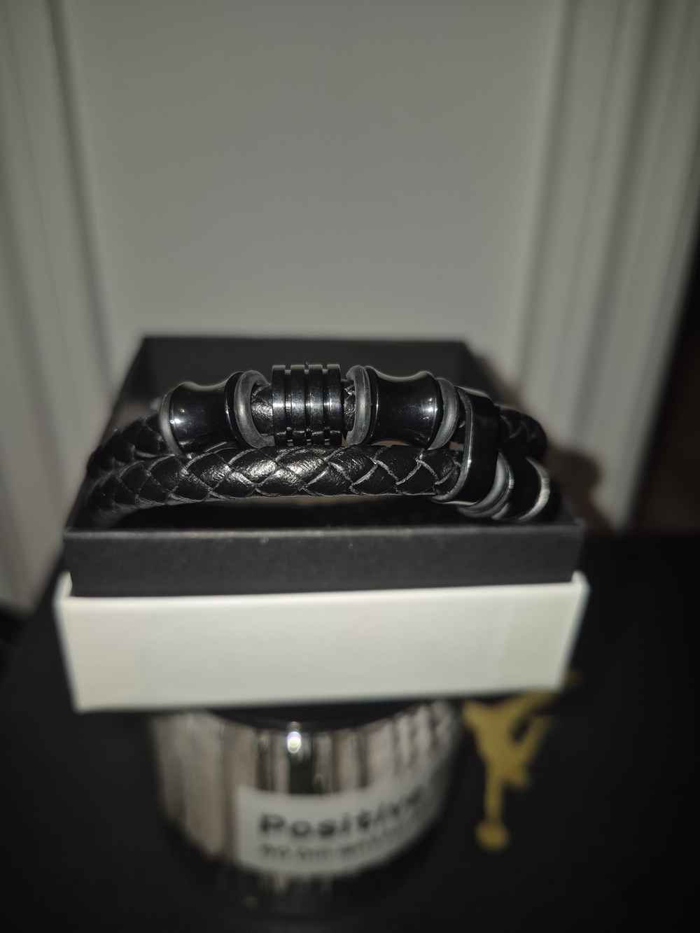 Men's Black Braided Leather Bracelet - Minimal Metal Accents